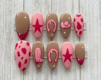 Pink Western Press On Nails, Cow Print & Cowboy Boot Nail Art, Dusty Rose Custom Fake Nails