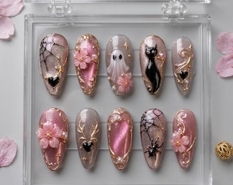 Halloween Ghost Cat Press On Nails, Spooky Floral Pink Glitter Fake Nails, Black Cat Spider Web Nail