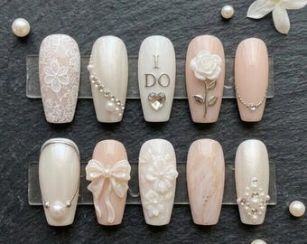 Luxury Bridal Wedding Press On Nails, I Do Nail Box Set, Pearl Flower Champagne Bride Nails