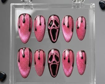 Pink Halloween Press On Nails, Ghostface Horror Movie Fake Nails, Cat Eye Glitter Goth Nail