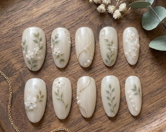Elegant White Floral Press On Nails, Pearl Botanical Almond, Minimalist Wedding Fake Nails
