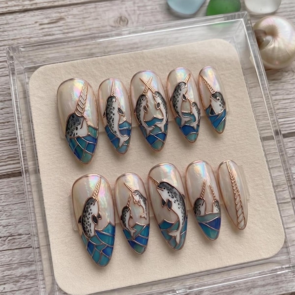 Handmade Narwhal Stained Glass Press On Nails – Iridescent Ocean Art Faux Nails