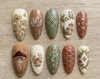 Cottagecore Mushroom Press On Nails: Woodland Forest Fake Nails