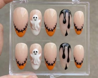 Spooky Black Stitching Press On Nails, White Ghost & Orange Nail Set, Cute Ghost Halloween Manicure