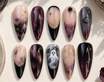 Ghost and Spider Web Press On Nails, Gold Celestial & Cat Eye Accents