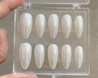 Pearl White Chrome Press On Nails, Elegant Wedding Nails, Clean Girl Nails, Almond Press Ons