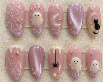 Pink Halloween Press On Nails, 3D Ghost Spider Web Gel Nails, Cute Spooky Black Cat Moon Star