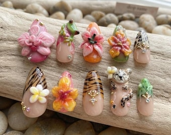 Kawaii 3D Safari Press on Nails with Animal Figures: Tropical Rainforest Acrylic Fake Nails