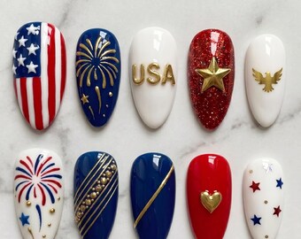 4th of July Press On Nails | American Flag Custom Fake Nails | Luxury July 4th Gel Nails | Fireworks USA False Nails Glam Glue On Nails