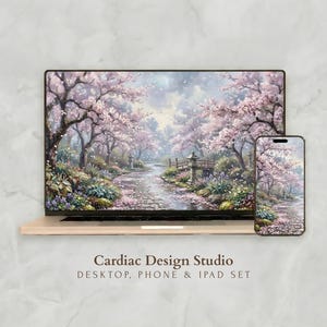 Whimsical Spring Macbook Wallpaper, Cherry Blossom Desktop Wallpaper Set, Floral Landscape iPad and iPhone Background Theme
