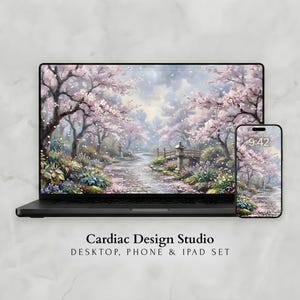 May include: A laptop and smartphone showcase a landscape painting of a path through a cherry blossom forest. The artwork features a bridge, a small pagoda, and a soft, dreamy colour palette. The text "Cardiac Design Studio DESKTOP, PHONE & IPAD SET" is visible.