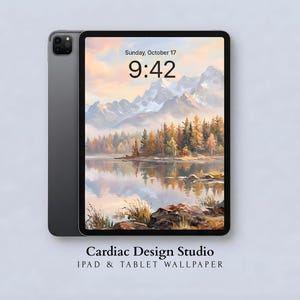 Whimsical Autumn Pine Trees iPad Wallpaper, Alpine Lake iPad Background, Soft Sunlight Tablet Wallpaper, Vintage Style Landscape Painting