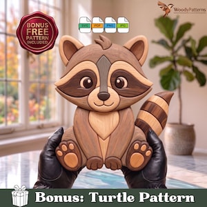 May include: A wooden raccoon wall art piece featuring layered light and dark brown wood grain textures, large eyes, and a striped tail. The design includes digital file icons for SVG, PDF, PNG, and JPG formats, along with a bonus pattern label.