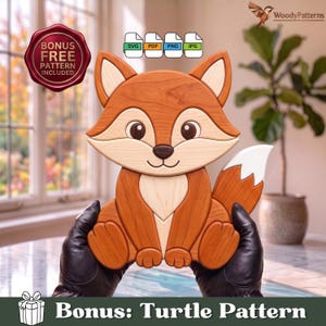 May include: A wooden fox cutout featuring a reddish-brown and light cream finish with a white-tipped tail. The design includes icons for SVG, PDF, PNG, and JPG file formats, a red seal stating BONUS FREE PATTERN INCLUDED, and text reading BONUS: Turtle Pattern.