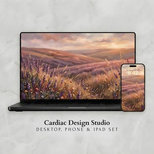 Whimsical Lavender Field Desktop Wallpaper, Floral Landscape Macbook Background, Mobile & iPad Theme | CDS001