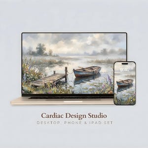 Könnte beinhalten: Ein Laptop und ein Smartphone zeigen ein Aquarellgemälde eines Bootes auf einem See bei Sonnenaufgang. Die Szene umfasst einen Holzsteg, üppiges Grün und einen nebligen Himmel. Der Text "Cardiac Design Studio" ist unter den Geräten zu sehen.