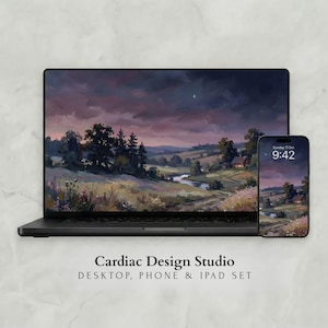 Evening Twilight Desktop & Macbook Wallpaper Set, iPhone Digital Background Themes, Cozy Winter Pixel Art Room