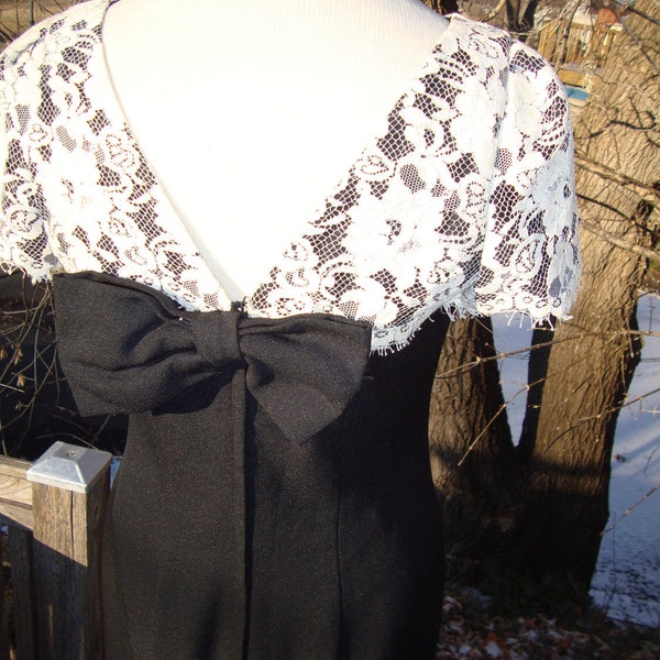 RESERVED Lace Black Vintage Dress with Open Back and Large Bow Detail / medium / large