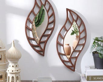 Leaf Teardrop Decorative Mirrors – Modern Wall Art Set, Wood Frame Home Decor