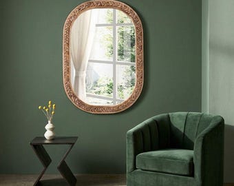 Oval Rattan Mirror – Handmade Wood Frame Coastal Decorative Wall Accent (23.6"L x 16.9"W)