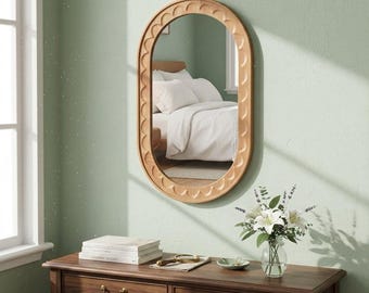 Boho Wood Wall Mirror – Solid Frame, HD Glass, Decorative Accent Mirror
