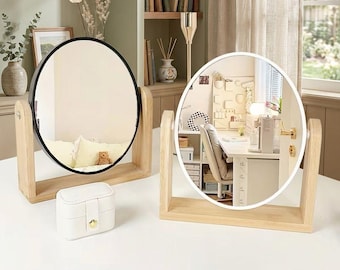 Wooden Frame Double-Sided Makeup Mirror, 360 Rotating Vanity Mirror, Minimalist Desk Stand