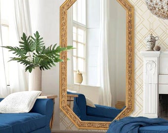 Large Vintage Octagon Mirror – Carved Gold Wood Frame, Elegant Decorative Wall Mirror