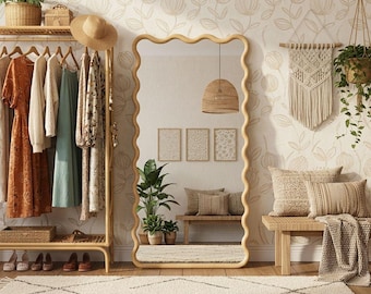 Boho Wavy Wooden Frame Mirror – Irregular Vanity Wall Decor