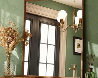 Modern Walnut Framed Wall Mirror 28"x36" – Tempered Glass, Anti-Rust Frame