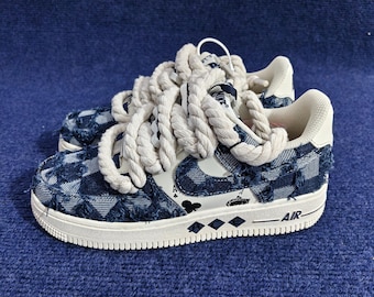 Zapatillas Air Force 1 personalizadas de mezclilla a cuadros / Cordones de cuerda, Arte de la carta del as