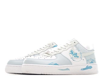 Zapatillas Air Force 1 personalizadas con diseño de montaña en tinta azul / Estilo urbano chino pintado a mano AF1