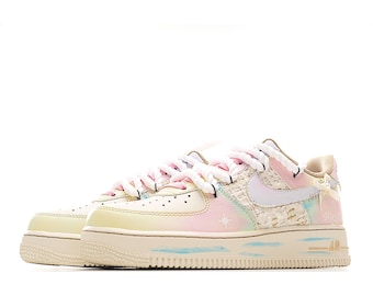 Zapatillas Air Force 1 personalizadas con estampado de arcoíris pastel / Estilo urbano de ensueño AF1 pintadas a mano