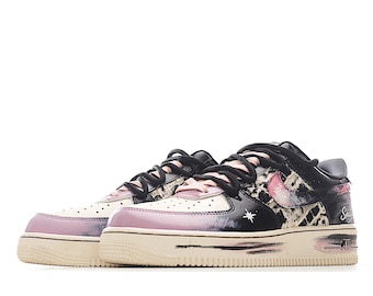 Zapatillas Air Force 1 personalizadas en negro y rosa con diseño de sonrisa / Estilo grunge urbano AF1 pintadas a mano
