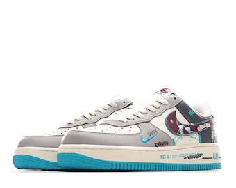 Zapatillas Air Force 1 personalizadas con diseño de esqueleto y la inscripción "Cheers" / Estilo urbano gótico azulado pintado a mano AF1