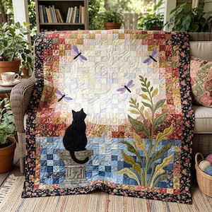 May include: A handmade quilt featuring a black cat silhouette on a pedestal, with dragonfly and plant appliqués. The quilt has a patchwork design with floral and geometric patterns in shades of red, blue, and cream. The quilt is draped over a wicker chair.