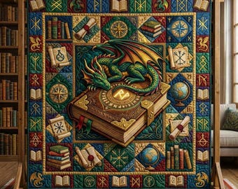 Drachen Buch Decke, Fantasy Quilt Werfen, magischer Drachen Geschenk, Buch-Liebhaber-Decke, Zauberer-Dekor, Nerdy Fantasy Bettwäsche, Bibliothek werfen