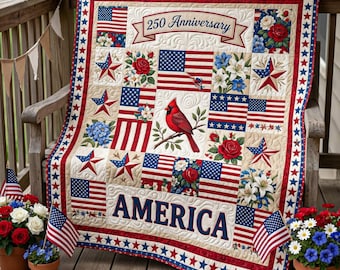 Coperta per il 250° anniversario americano con bandiera USA e cardinale, stampa patriottica in stile trapunta, regalo per il 4 luglio, giorno dell'indipendenza, decorazione americana.
