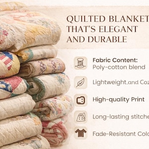 K&ouml;nnte beinhalten: Ein Stapel gefalteter, gesteppter Decken mit Patchwork-Design. Die Decken weisen verschiedene Farben und Muster auf, darunter Blumen- und geometrische Motive. Der Text auf dem Bild lautet "QUILTED BLANKET THAT'S ELEGANT AND DURABLE."