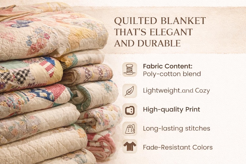 K&ouml;nnte beinhalten: Ein Stapel gefalteter, gesteppter Decken mit Patchwork-Design. Die Decken weisen verschiedene Farben und Muster auf, darunter Blumen- und geometrische Motive. Der Text auf dem Bild lautet "QUILTED BLANKET THAT'S ELEGANT AND DURABLE."