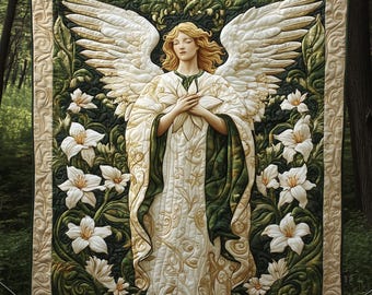 Angel Forest Blanket, Guardian Angel Throw, Nature Floral Quilt Blanket, Spiritual Gift, Lily Flower Cozy Blanket, Vintage Style Decor