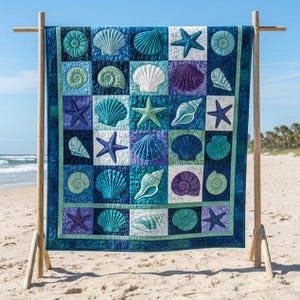 Coastal Seashell Blanket, Ocean Beach Quilt Print, Nautical Throw Blanket, Starfish Shell Pattern, Summer Beach Decor Gift