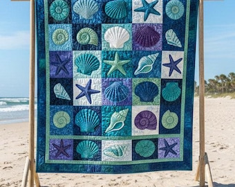 Küsten Muschel Decke, Ocean Beach Quilt Print, nautische Decke, Seestern Muschel Muster, Sommer Strand Decor Geschenk