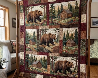 Bär Cabin Decke Rustikale Hütte werfen, Waldbär Quilt Druck, Wald Cabin Decor Bettwäsche, Wildlife Natur Geschenk Gemütliche Decke