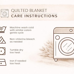 K&ouml;nnte beinhalten: Pflegehinweise f&uuml;r eine Steppdecke, mit einer Waschmaschinenillustration. Der Text beschreibt das Waschen bei 30 Grad, die Verwendung von chlorfreier Bleiche, das Trocknen im W&auml;schetrockner bei niedriger Temperatur und das B&uuml;geln bei niedriger Temperatur.