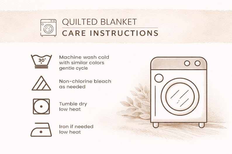 K&ouml;nnte beinhalten: Pflegehinweise f&uuml;r eine Steppdecke, mit einer Waschmaschinenillustration. Der Text beschreibt das Waschen bei 30 Grad, die Verwendung von chlorfreier Bleiche, das Trocknen im W&auml;schetrockner bei niedriger Temperatur und das B&uuml;geln bei niedriger Temperatur.