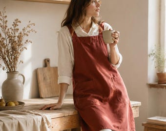 Linnen kruisrugschort voor vrouwen met zakken, keukenschort in Japanse stijl, koken bakken aardewerk cadeau voor moeders, decor boerderij keuken