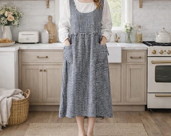 Fartuchy damskie bawełniane, vintage'owy fartuch damski z kieszeniami, fartuch kuchenny do gotowania i pieczenia, przemyślany prezent dla niej lub mamy