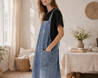 Denim apron for women, womens apron cotton apron, loose pinafore apron, vintage farmhouse apron, kitchen cooking baking apron, gift for her