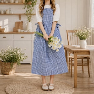 blue gingham apron dress Lupine Apron Linen Dress