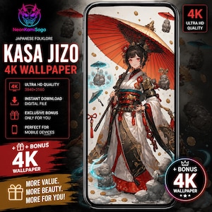 Può includere: Uno sfondo digitale con un'illustrazione di Kasa Jizo, del folklore giapponese. L'opera presenta una donna in abito tradizionale con un ombrello, con una palette di colori rosso e bianco. L'immagine è in qualità 4K Ultra HD, per dispositivi mobili.